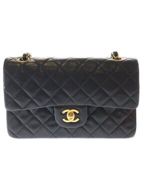 Chanel Quilted 23 Chain Shoulder Bag Back Double Flap Gold Lambskin Black
